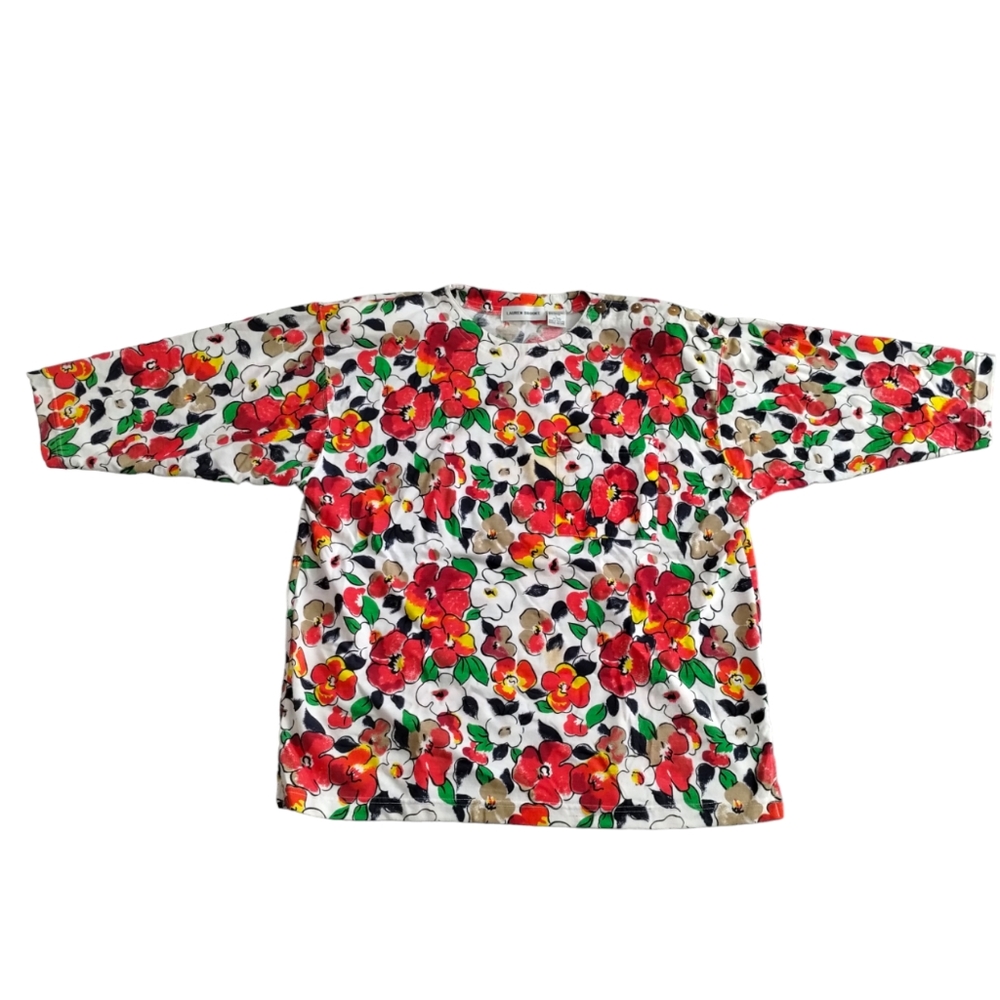 Lauren Brooke Crew Neck floral Hawaiian shoulderpads button shoulders blouse